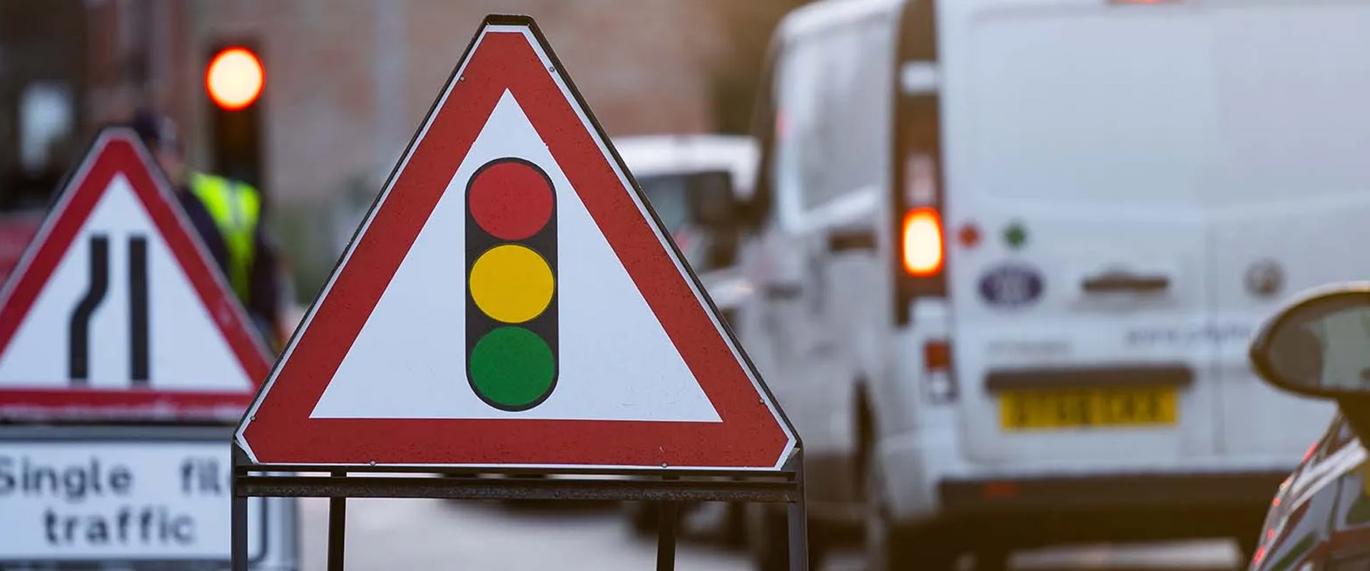 Road works signage and safety barriers